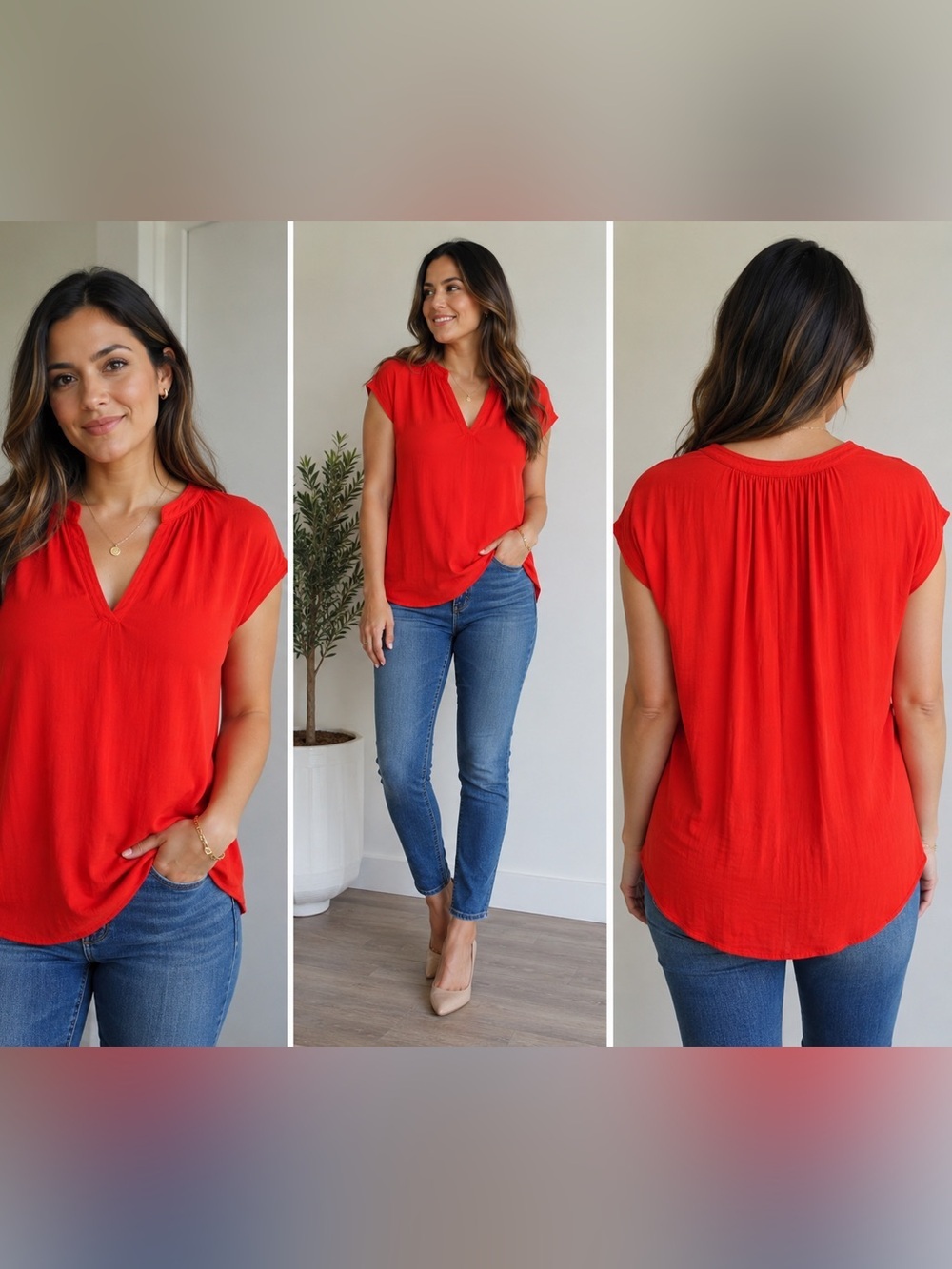Rachel Roy Orange Split Neck Blouse Size L Lightweight Flowy Cap Sleeve Top